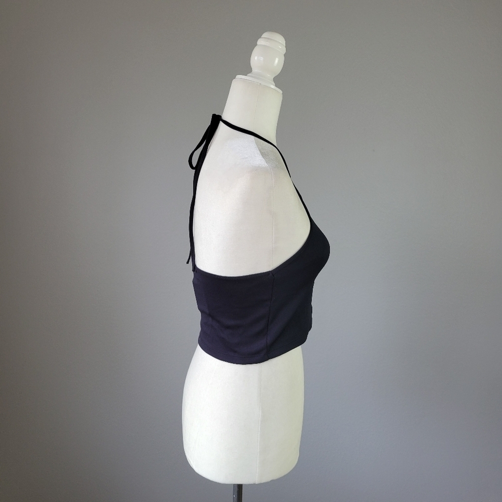 ZARA // black stretch ribbed keyhole cropped neck tie halter top - Picture 6 of 10